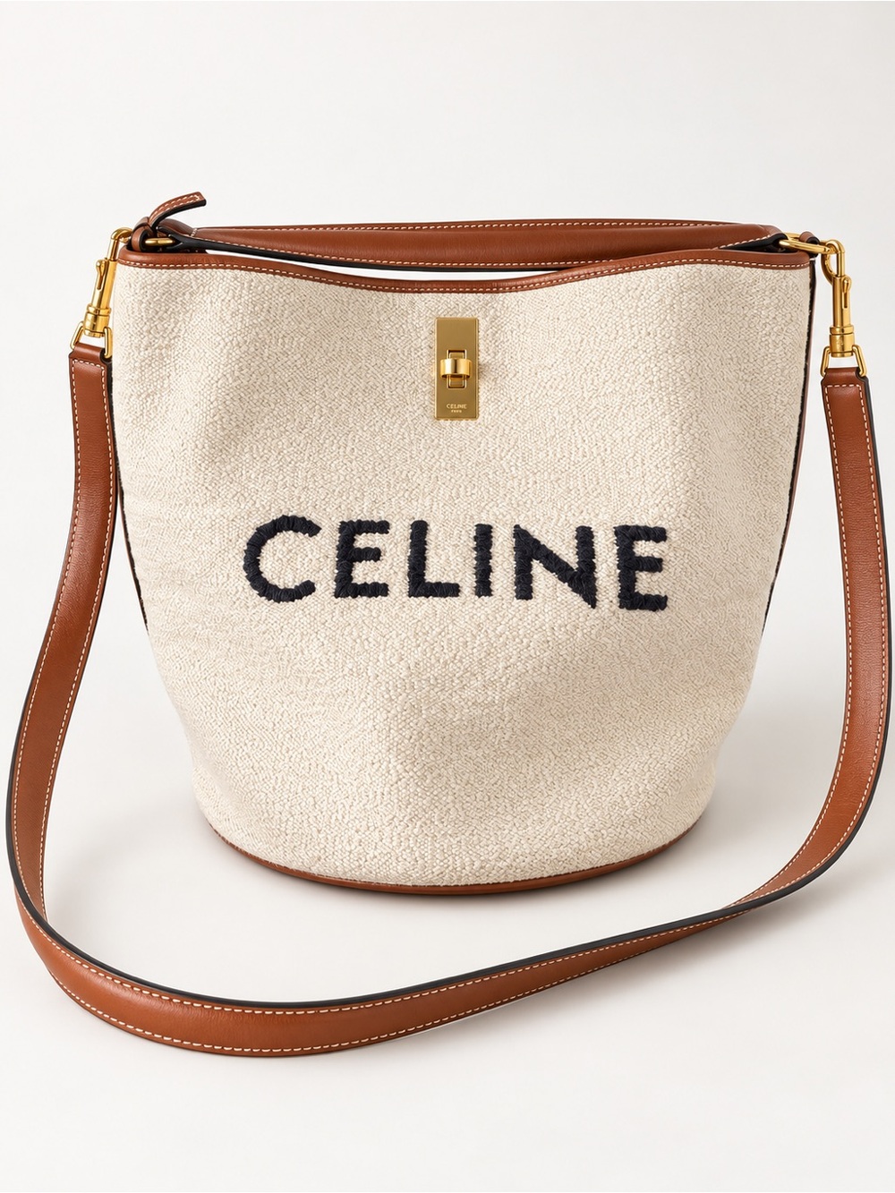 CELINE Bucket 16 Natural Tan Textile & Calfskin Shoulder Bag + Pouch